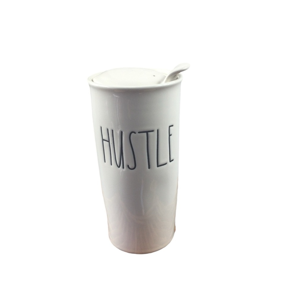 Rae‎ Dunn White Ceramic Travel Mug "Hustle"